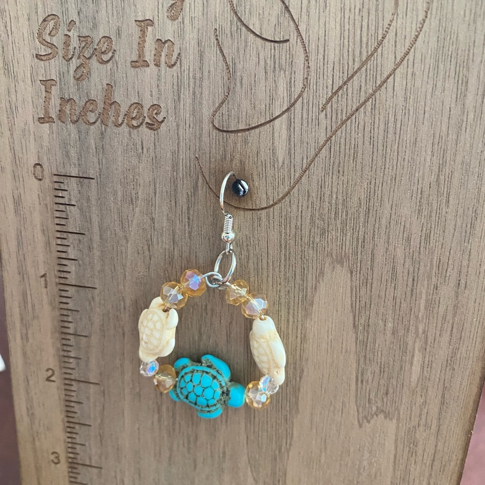 Blue and Cream Beaded Sea Turtle Dangle Earrings - Picture 4 of 4